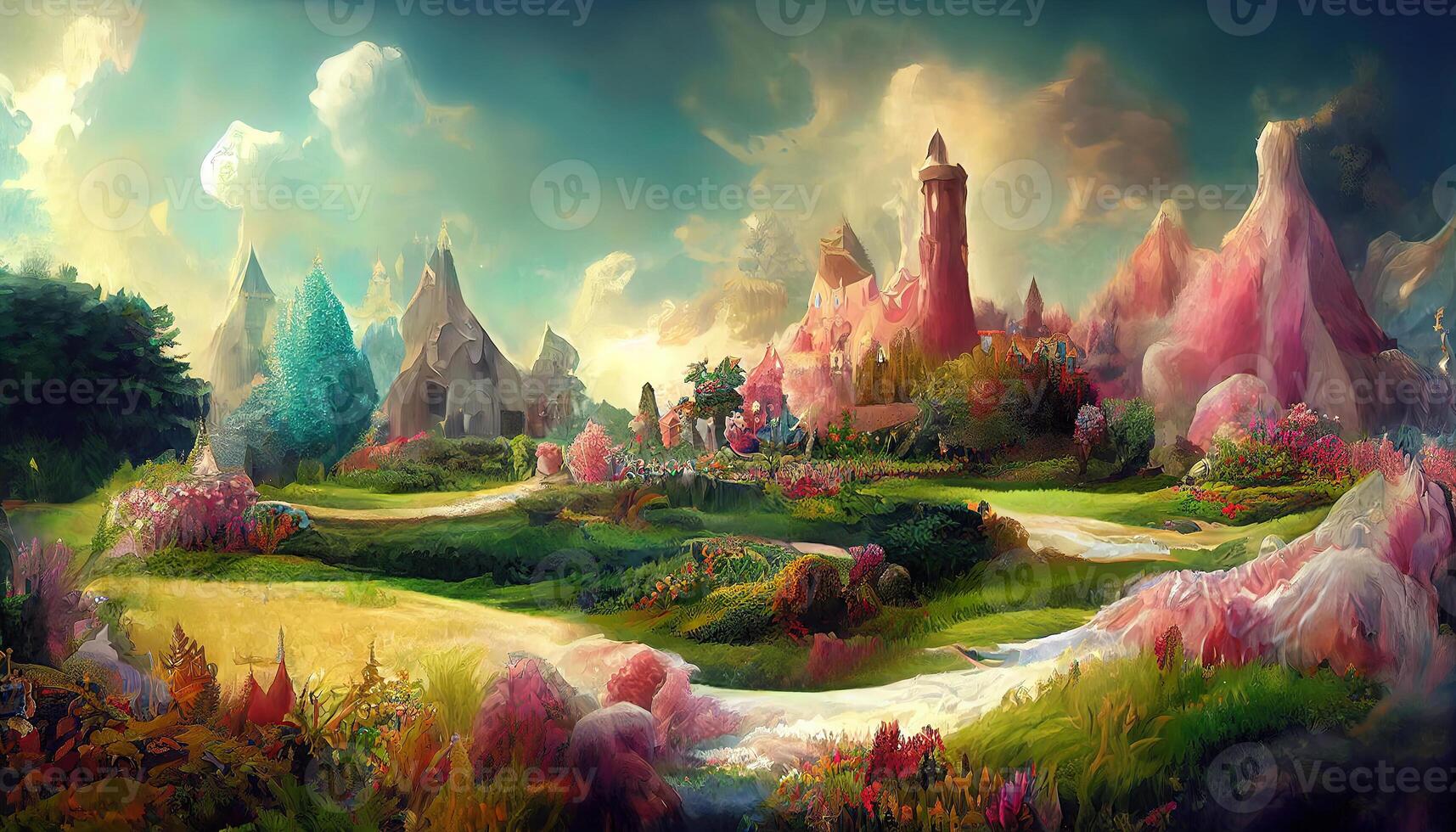 Fantasy landscape, fairyland, digital fresco, Detailed, colored. photo