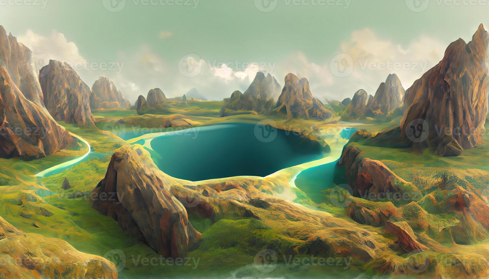 3D illustration of part of a cave with a small lake and vegetation. photo