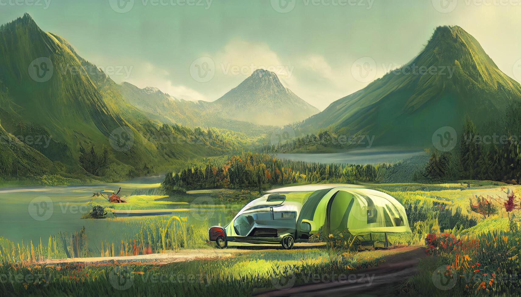Mountain, forest, green meadow and car near a lake on opened pages of magazine. photo