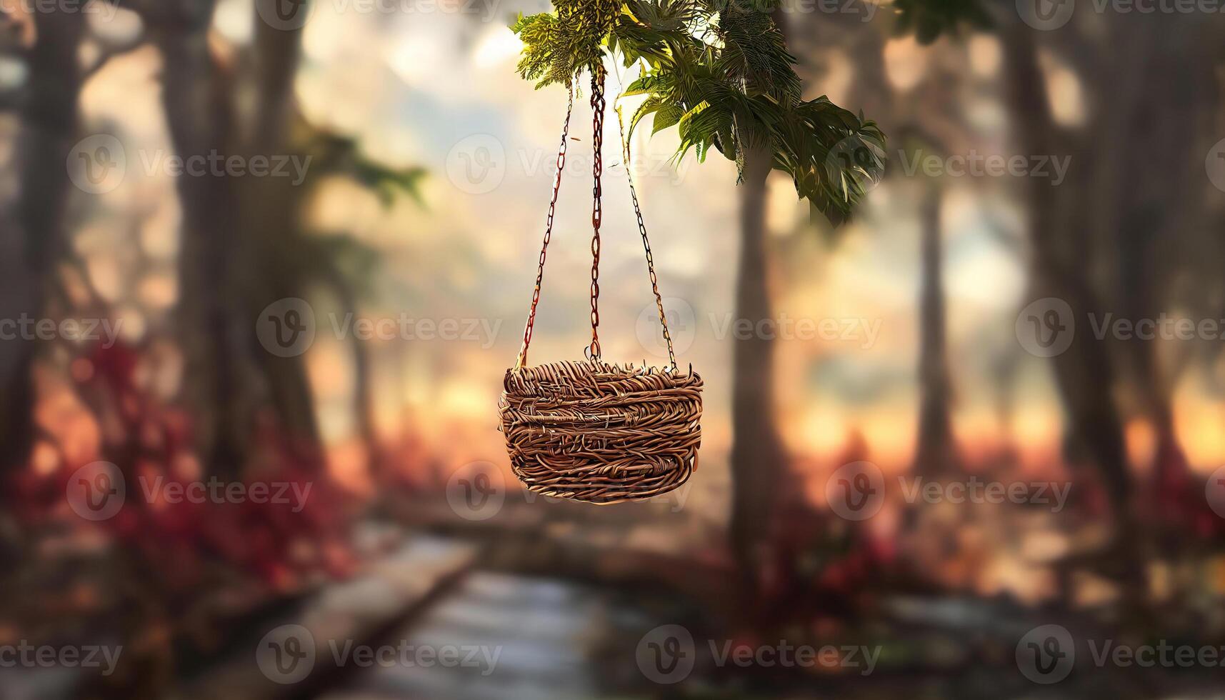 Old wooden terrace with wicker swing hang on the tree with blurry nature background 3d render. photo