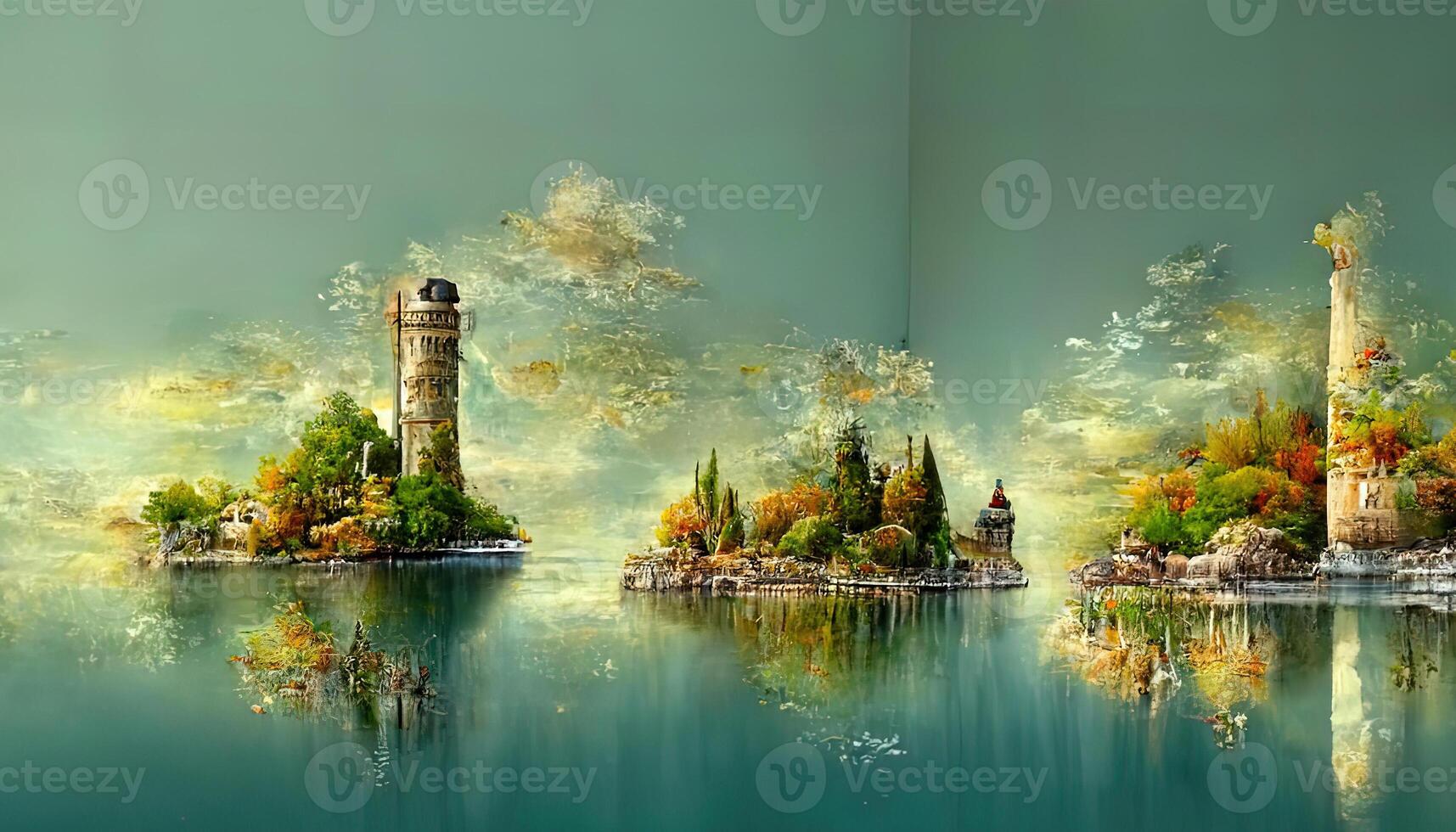 3D Beautiful lake and tower view from balcony wallpaper, Detailed, colored. photo