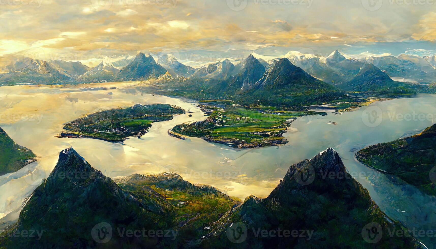 Breathtaking shot of the mountainous landscape with the ocean captured in reine. photo