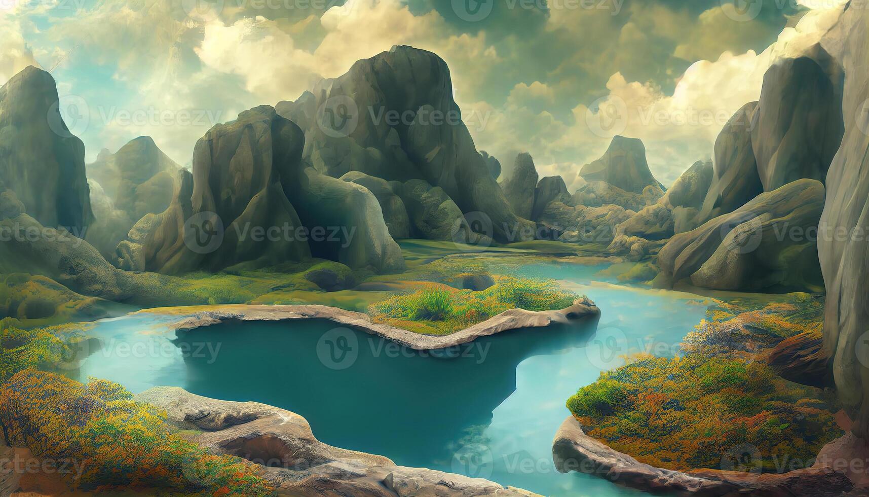 a view of a landscape with a large rock to the center and mountains in a very cloudy atmosphere. photo