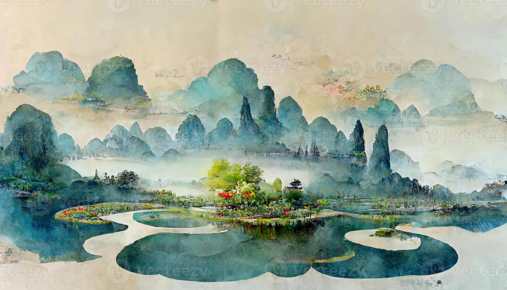 Awesome Large and wide ink landscape painting in Chinese painting and 3D illustration style. photo