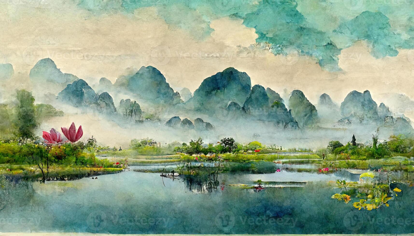 Panoramic shot of grassy hills and mountains near water under a blue cloudy sky. photo
