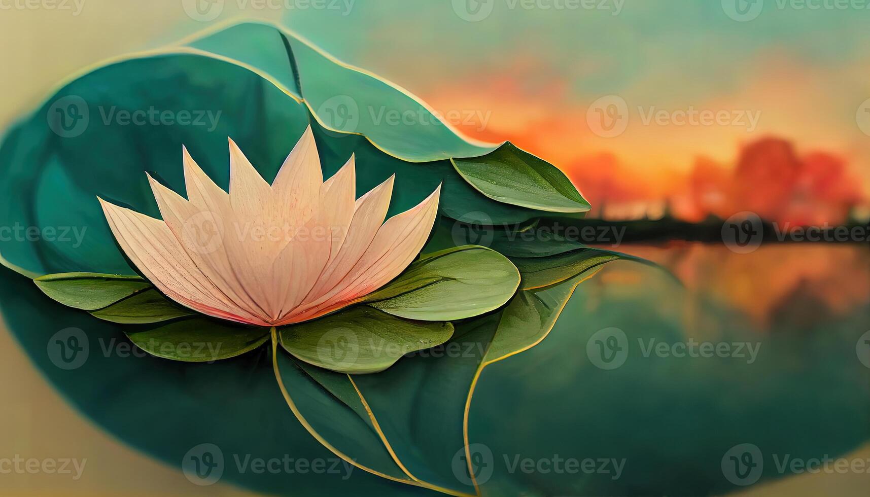 Beautiful lotus with green leafs in pond against sunset sky. photo