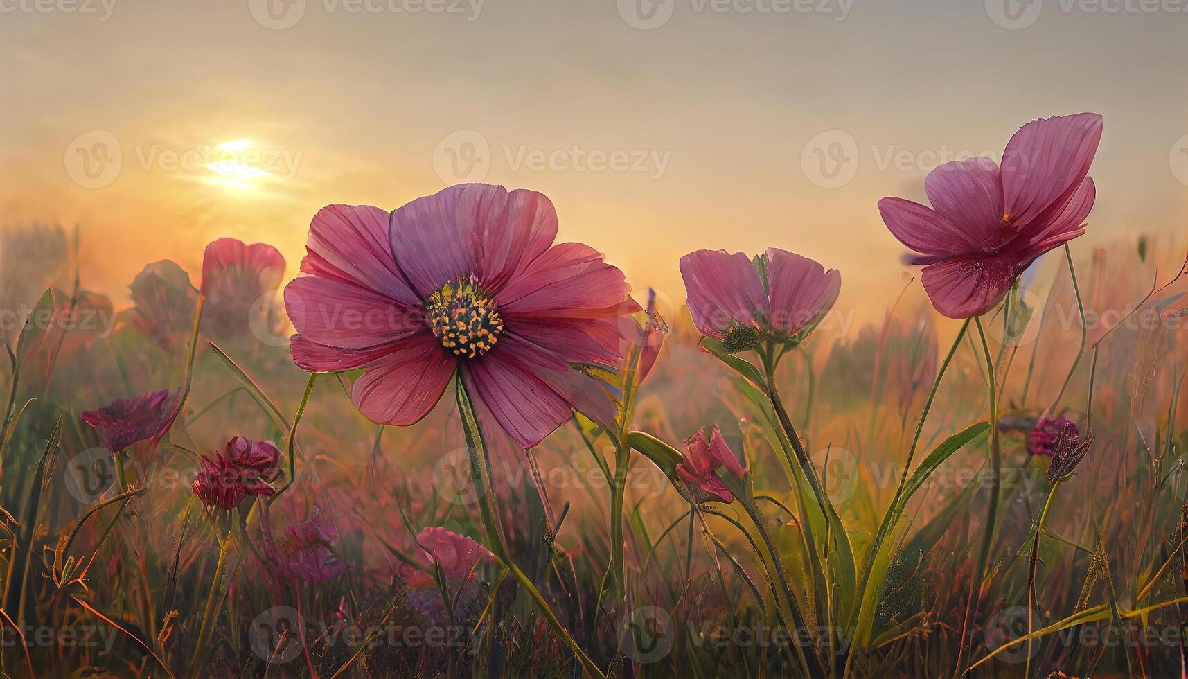 Pink cosmos flower blooming in the field. photo