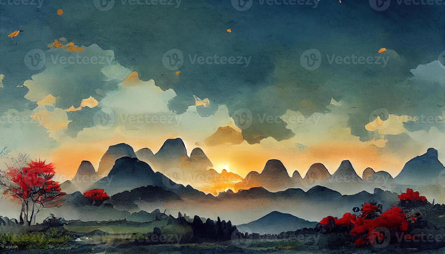 At sunset, there is a continuous landscape with thousands of birds nesting in the mountains. photo