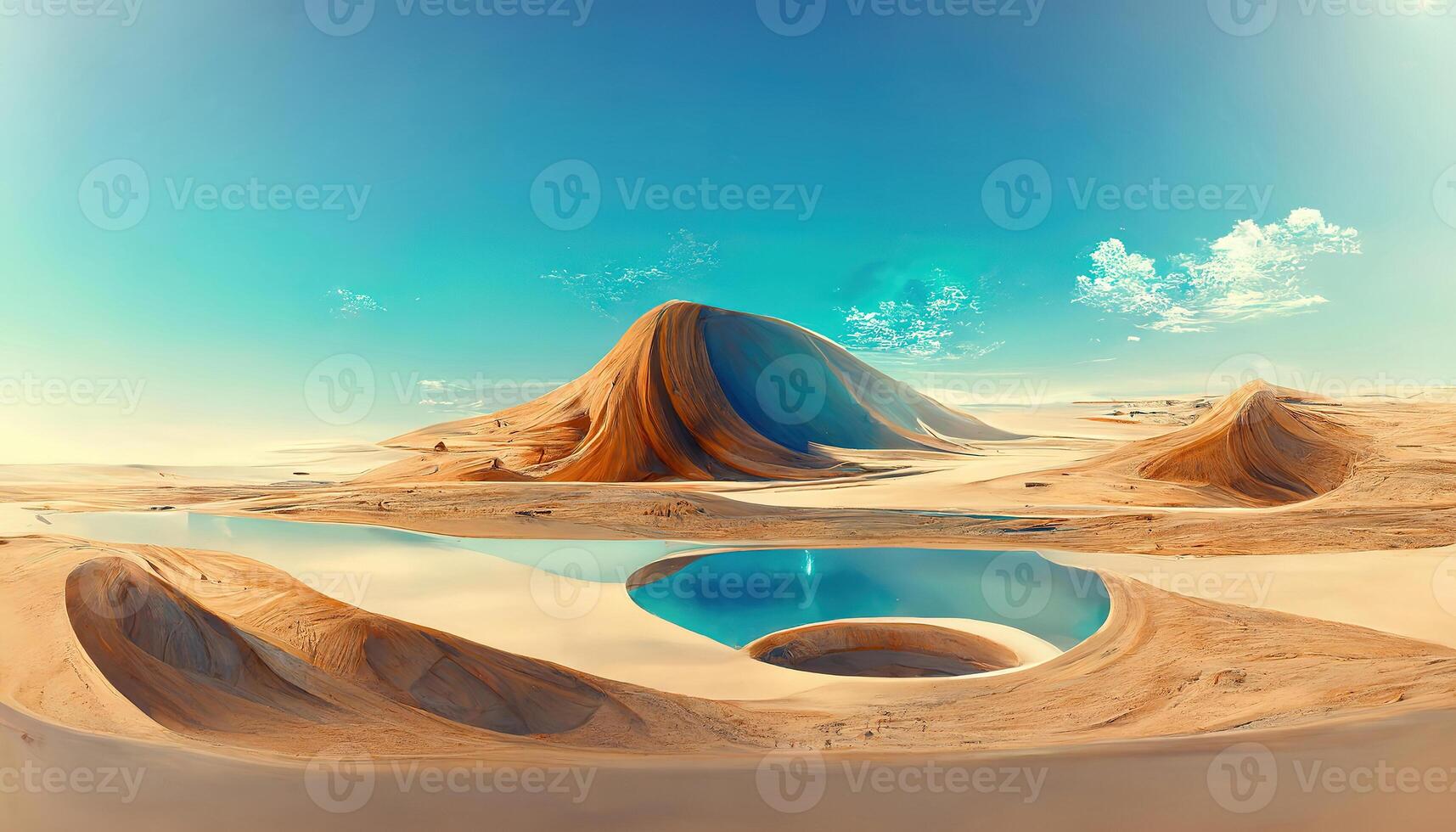 3d desert scene with oasis of water and palm trees. photo