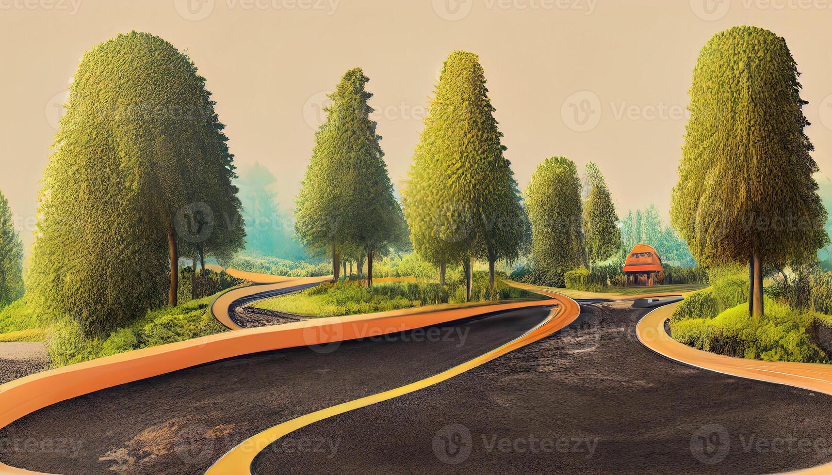 3d illustration of piece of green highway road isolated, creative travel and tourism off-road design trees. photo