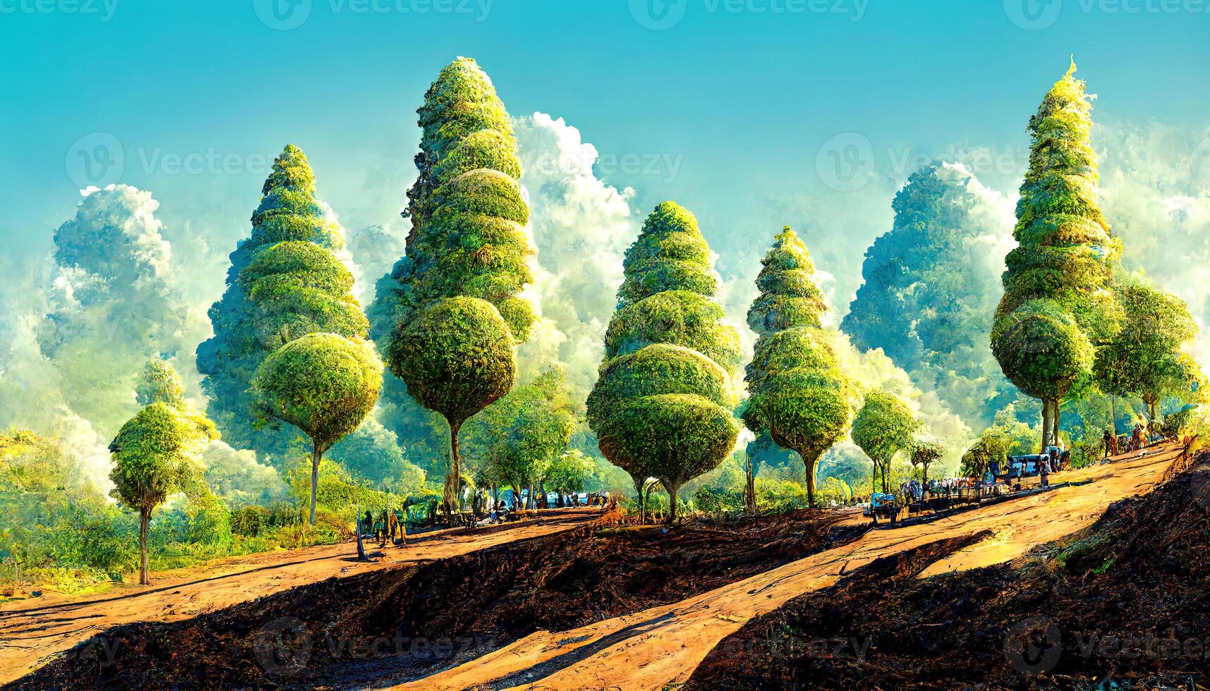 3d render of a globe of trees over a grassy landscape. photo