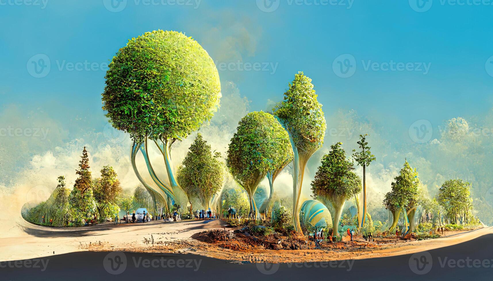 Grassy landscape with a tree and raincloud. photo