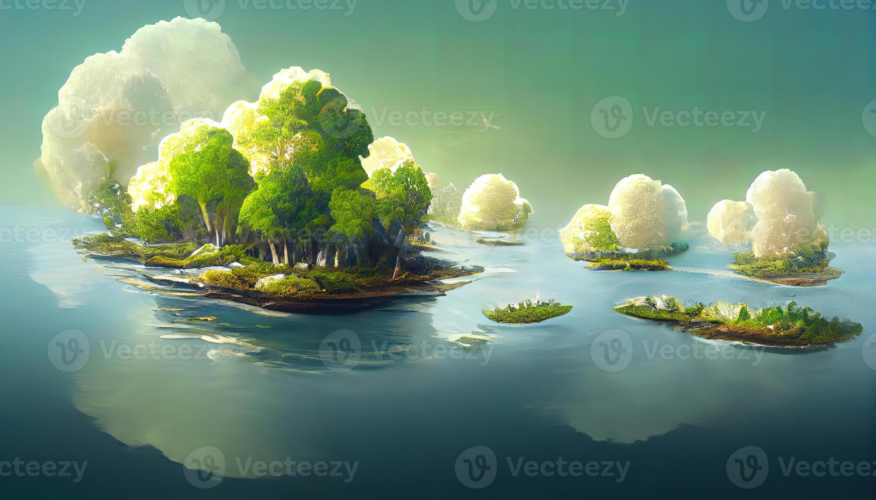 Floating islands with trees, round shape, Lake river in the sky World