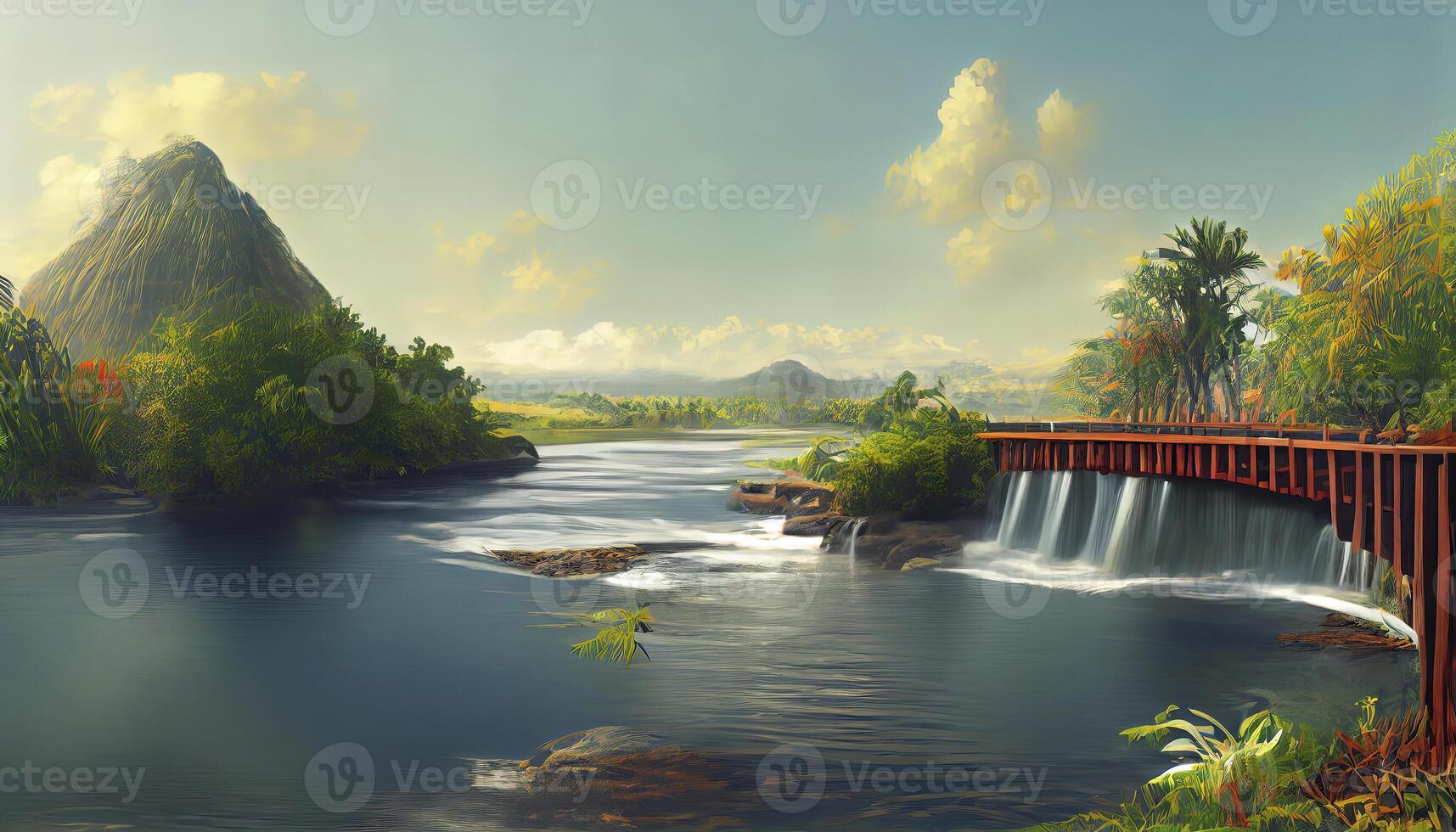 tropical ver con cascada, lago, pájaro, blanco caballo y madera puente. generativo ai foto