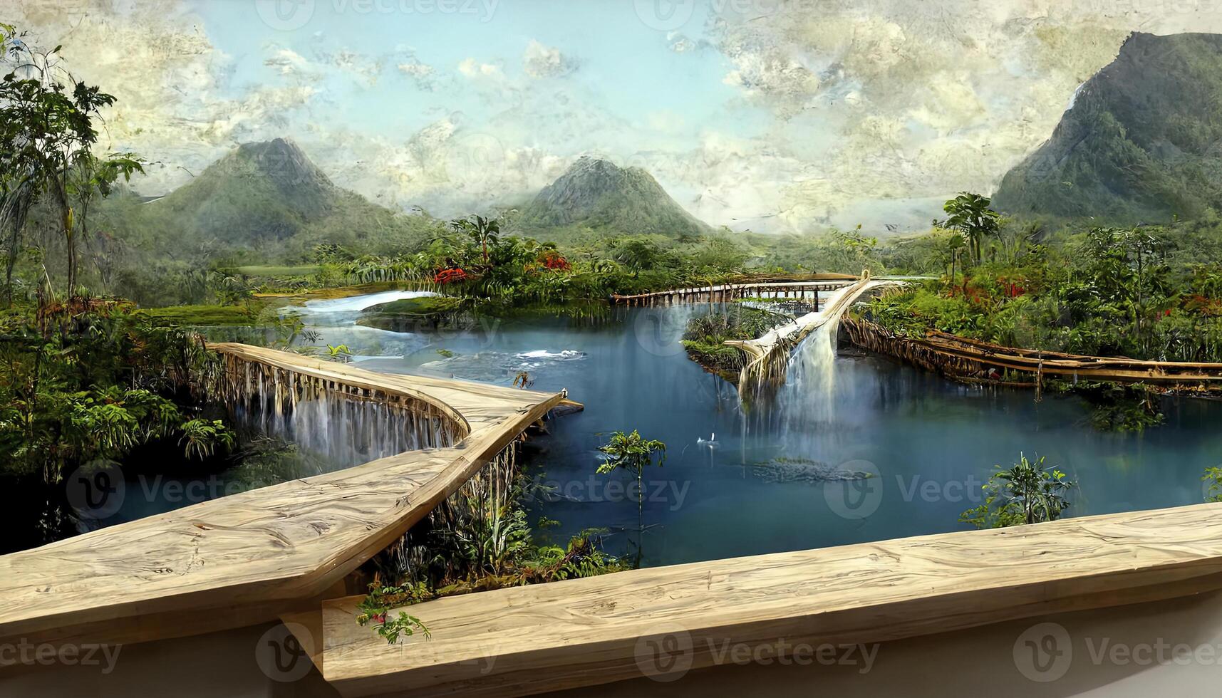 Tropical view with waterfall and 3D rendering, Detailed, colored. photo