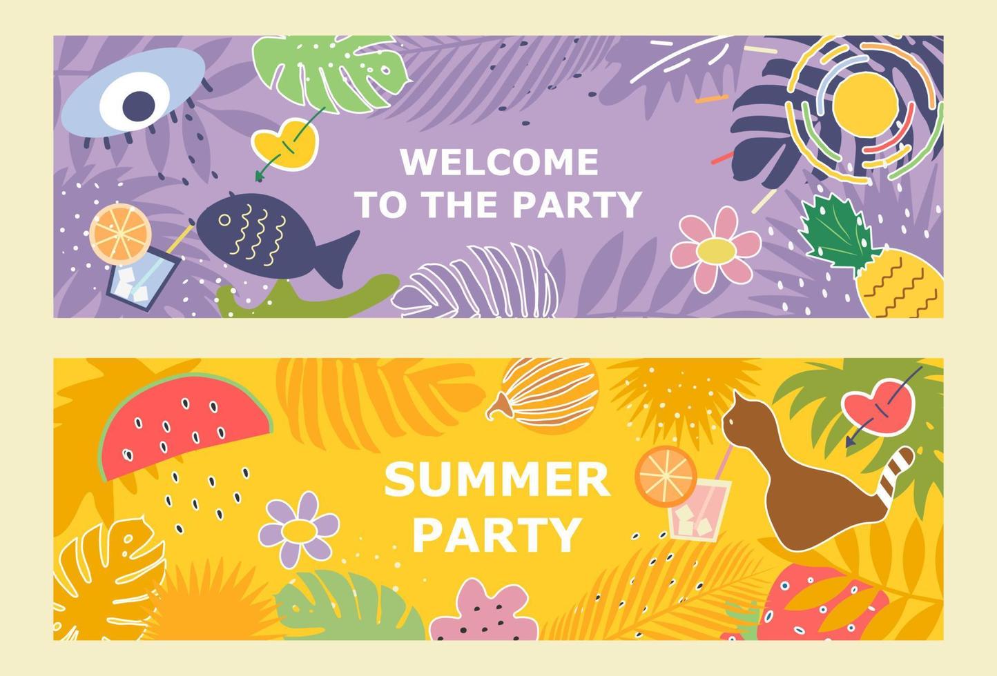 conjunto de vector pancartas para un verano playa fiesta con frutas y cócteles .verano fiesta póster en un plano estilo. vector