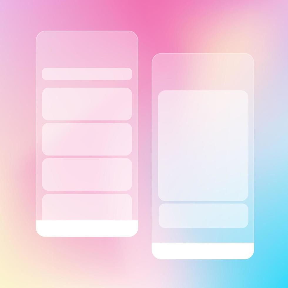 smartphone with different apps, empty buttons and open empty window in glassmorphism style. Colorful background. vector