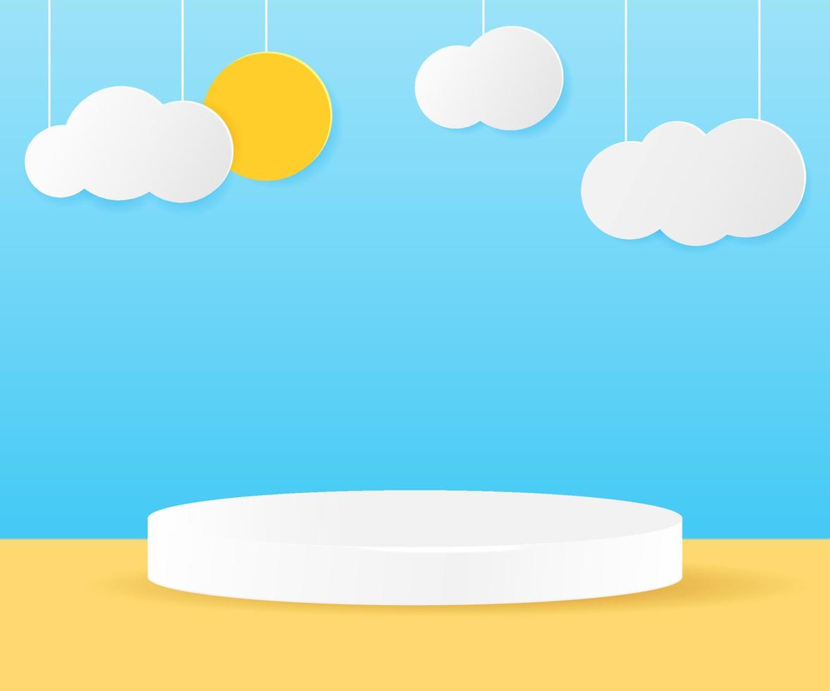 3d papel cortar de verano temporada . Dom y nubes en azul cielo antecedentes con circular etapa podio para productos monitor presentación. vector ilustración