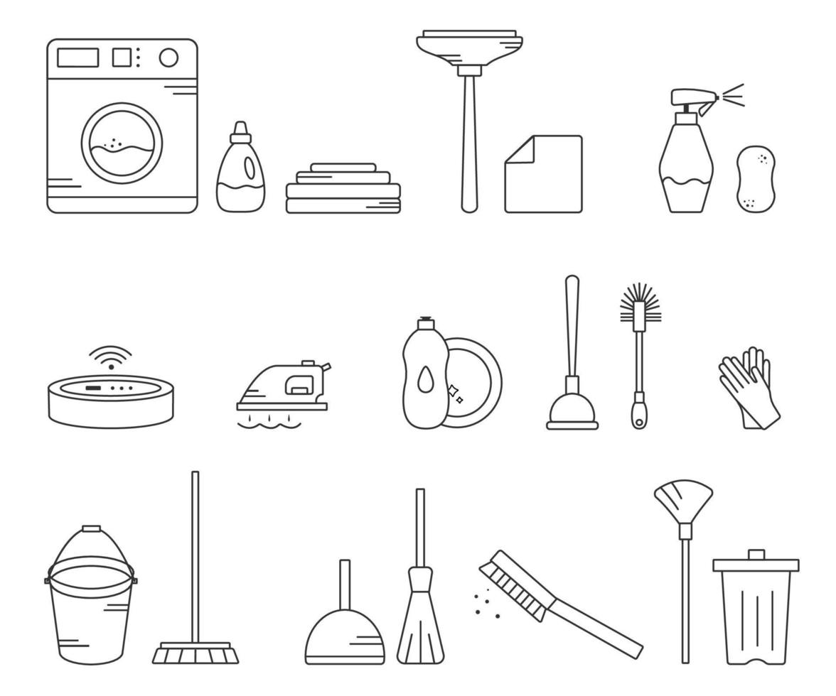 Inventory and household appliances for cleaning indoors and outdoors. Vector. A simple set of icons in an editable stroke on the theme of cleaning vector