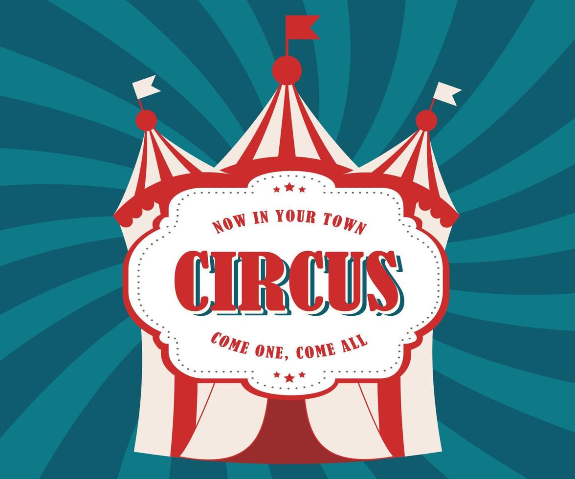 circo póster. mundo circo día. imagen de un Clásico circo tienda con un grande inscripción circo en un oscuro azul antecedentes con divergente rayos vector ilustración eps10