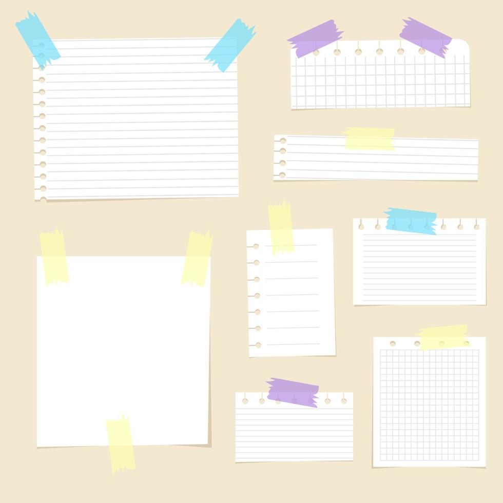 conjunto de Rasgado blanco nota, cuaderno forrado y blanco papel piezas atascado en ligero marrón antecedentes. vector
