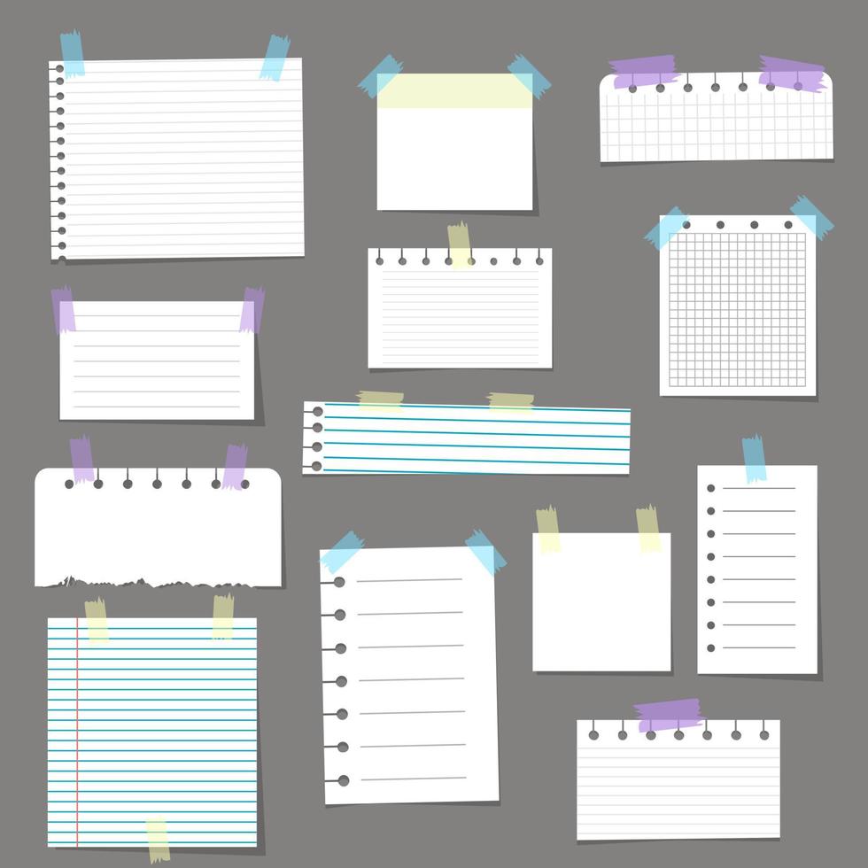 Paper notes on stickers, notepads and memo messages torn paper sheets. Vector blank sticky notepaper posts of meeting reminder, to do list and office notice or information board with appointment notes