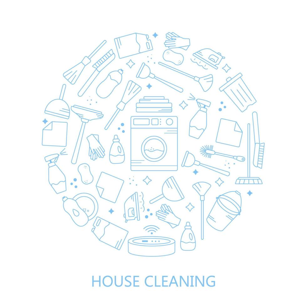 Vector trendy flat cleaning icon set in a circle. Necessary equipment for cleaning indoors and outdoors. Household appliances for cleaning.Icons in a blue stroke on a white background.