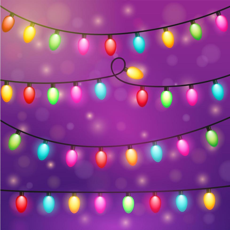 Vector illustration of strings of Christmas lights, with light and dark backgrounds.