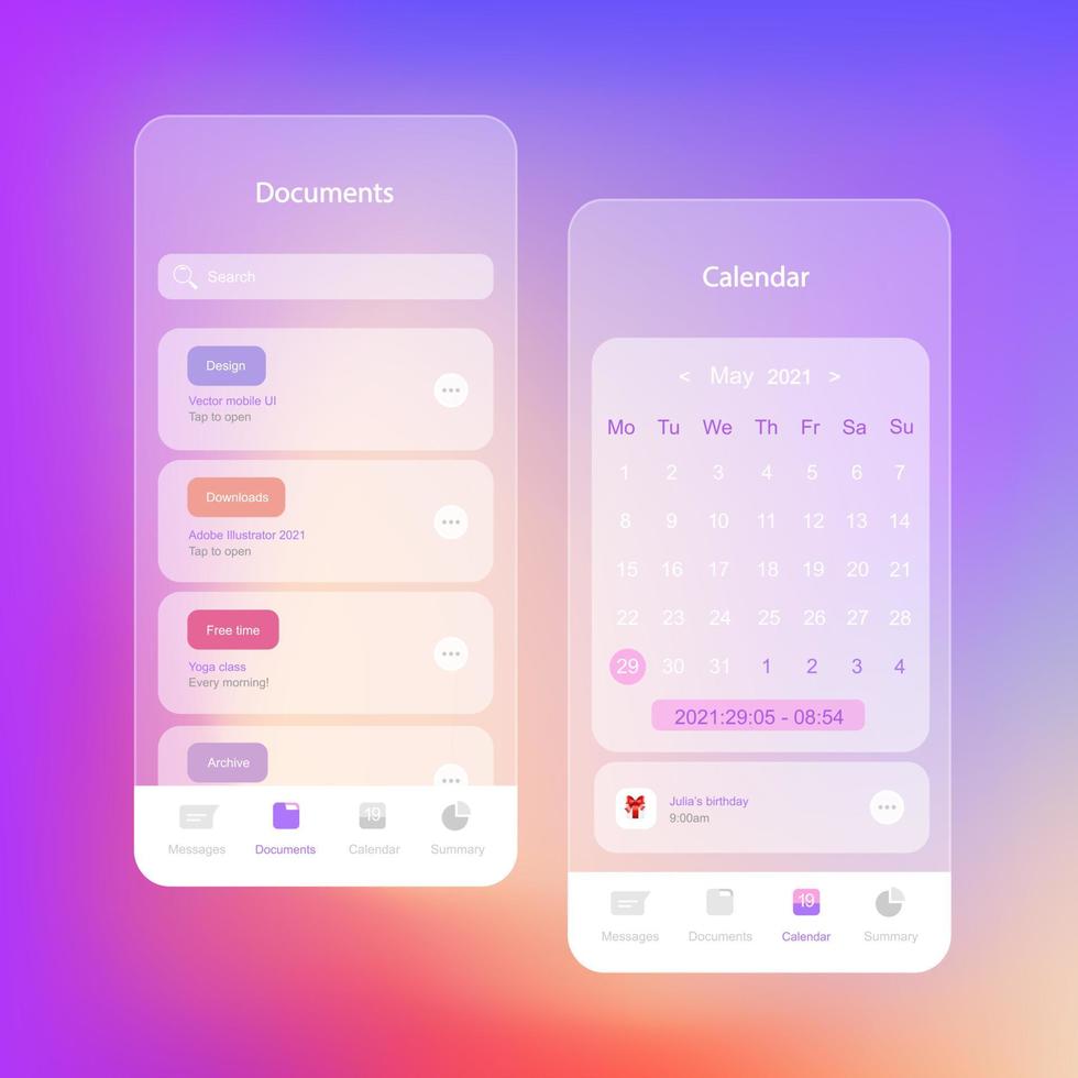 diseño de móvil aplicaciones con elementos de vidriomorfismo.transparencia.calendario.vector imagen vector