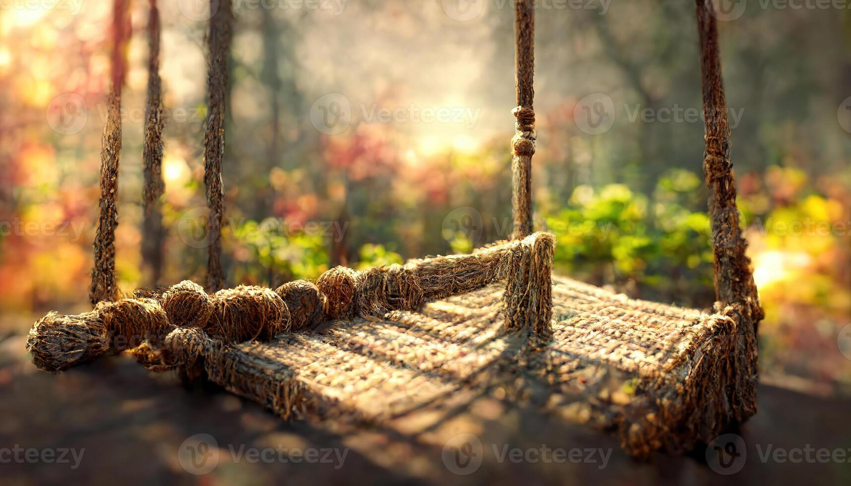 Amazing Old wooden terrace with wicker swing hang on the tree with blurry nature background 3d render. photo