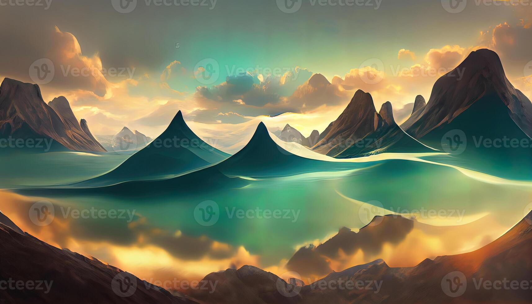 3d render. Abstract surreal seascape background with rocky mountains and mirror arches. photo