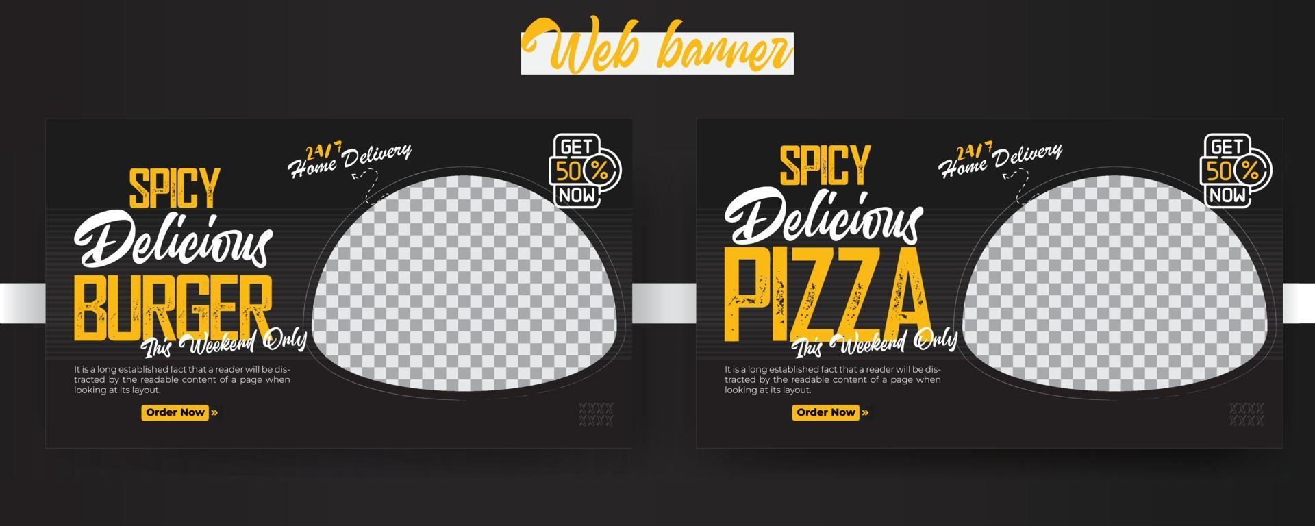 Spicy Delicious Burger And Pizza food web banner template for marketing, Restaurant food menu social media marketing web banner. Pizza, burger or hamburger online sale promotion video thumbnail. Ads. vector