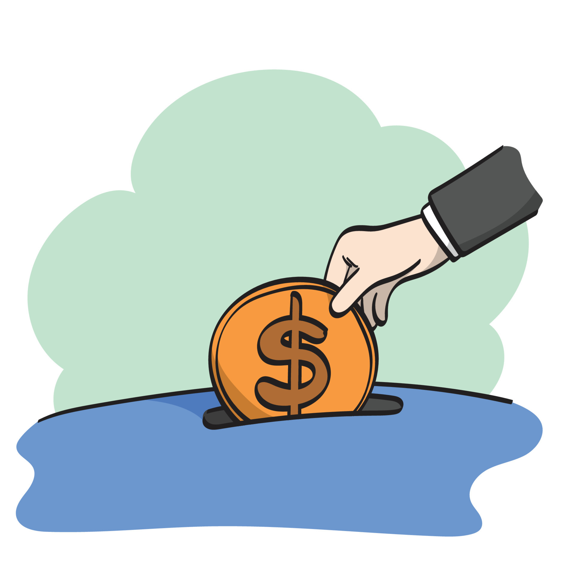 closeup hand of businessman putting coin into piggy bank hole