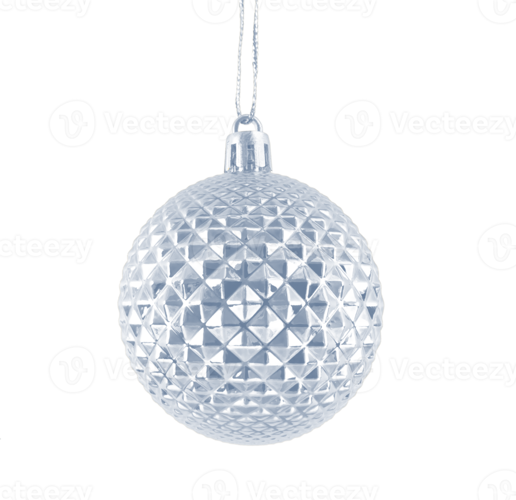 Hanging silver shiny Christmas bauble isolated on transparent background. Stock photo png