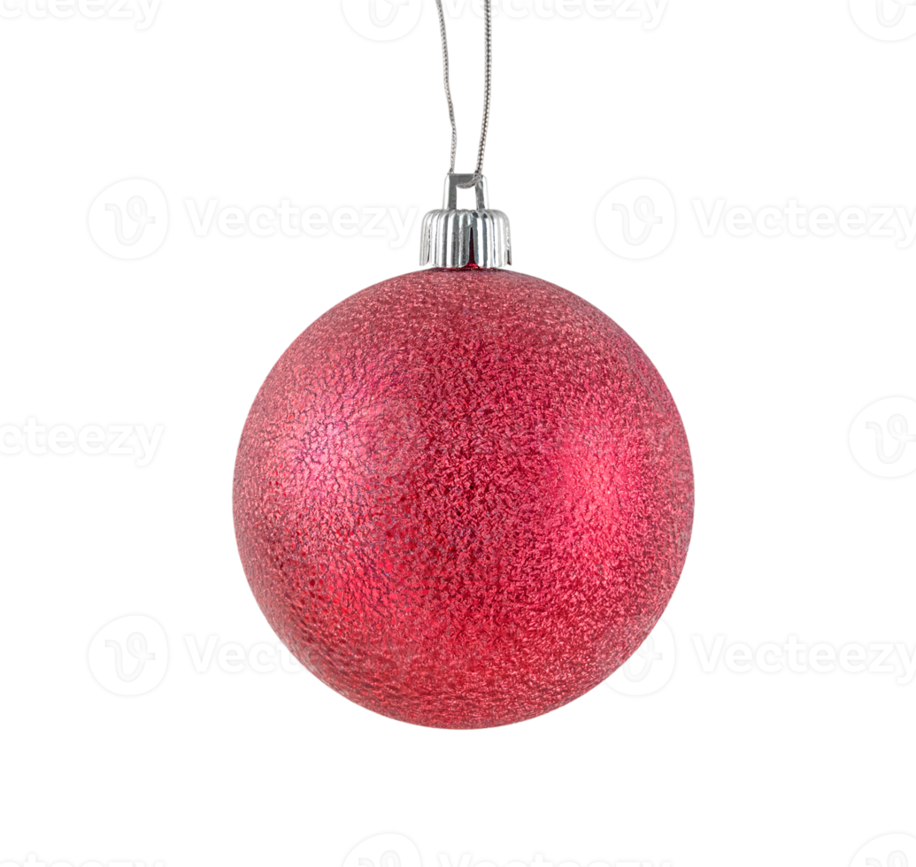 Hanging red metallic shiny Christmas bauble isolated on transparent background. Stock photo png