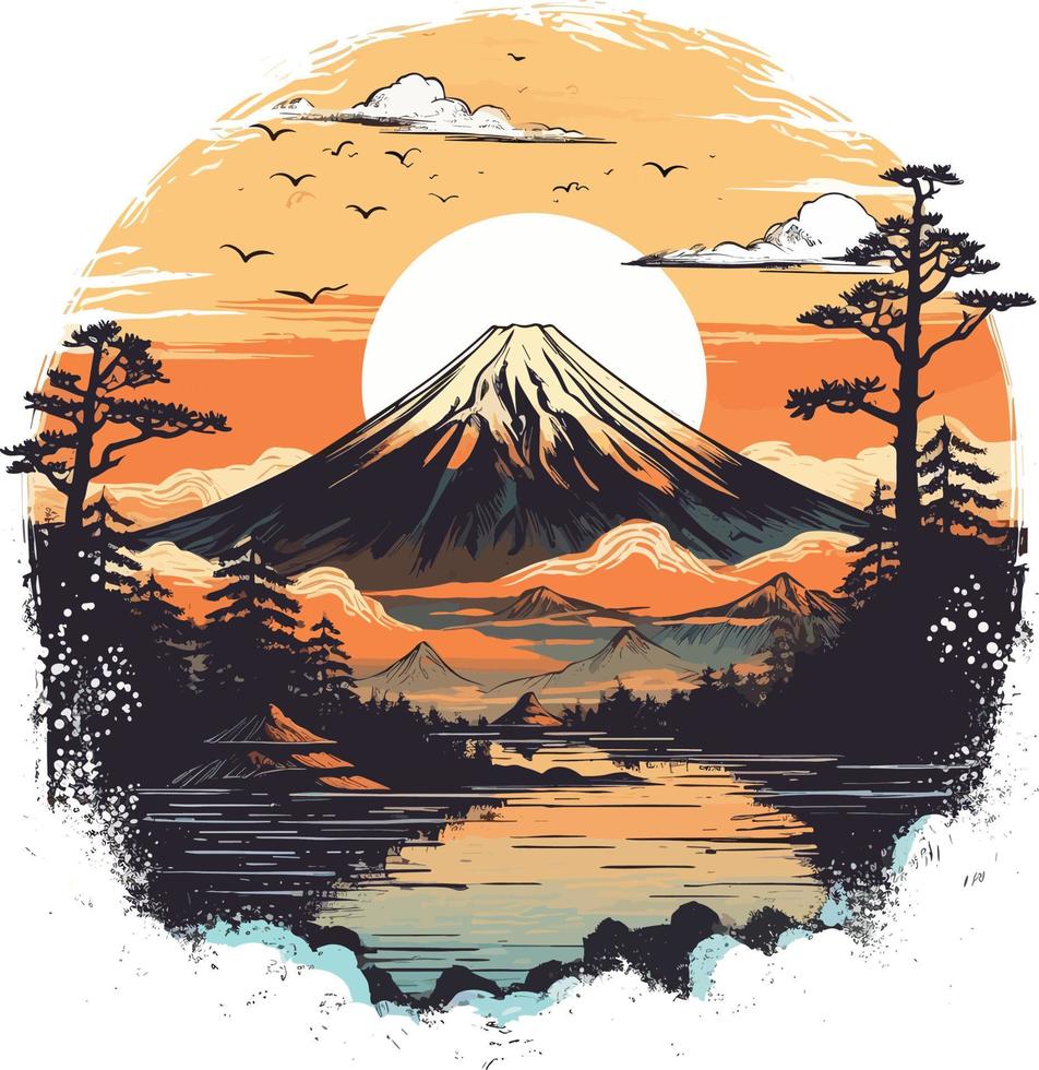 ukiyo-e style painting of mount fuji at sunset vector