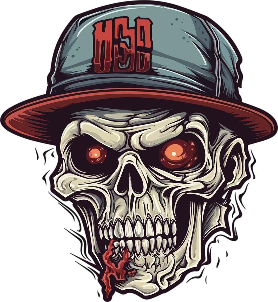 undead skull wearing hat vector design for print