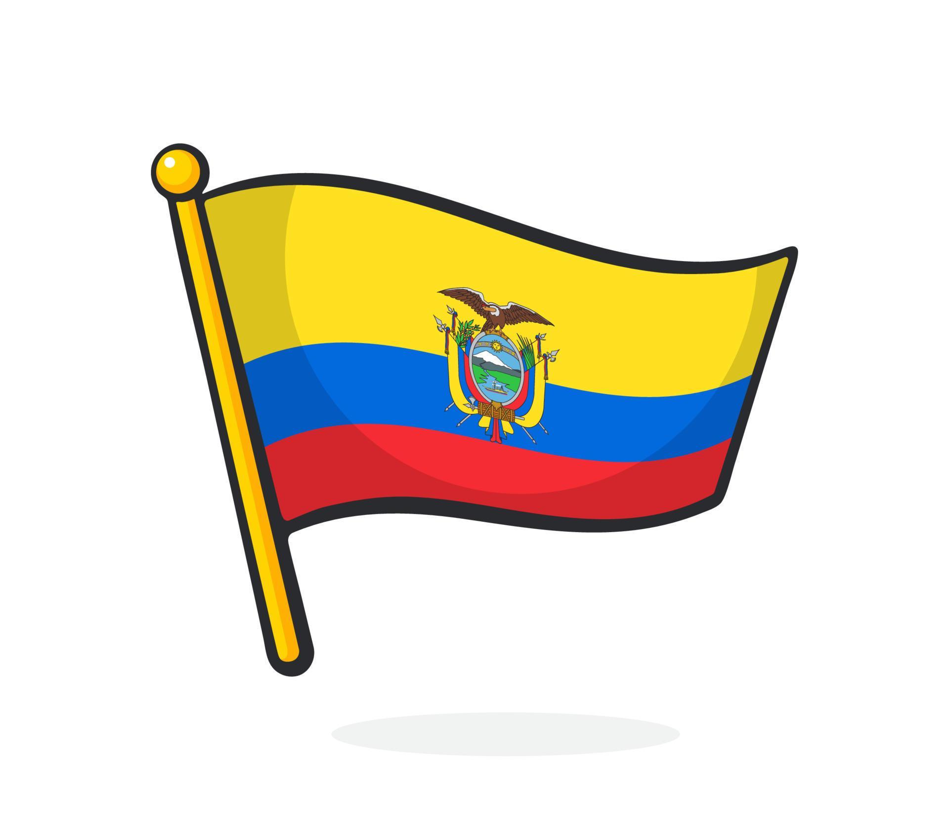 Sticker national flag of Ecuador with coat of arms on flagstaff