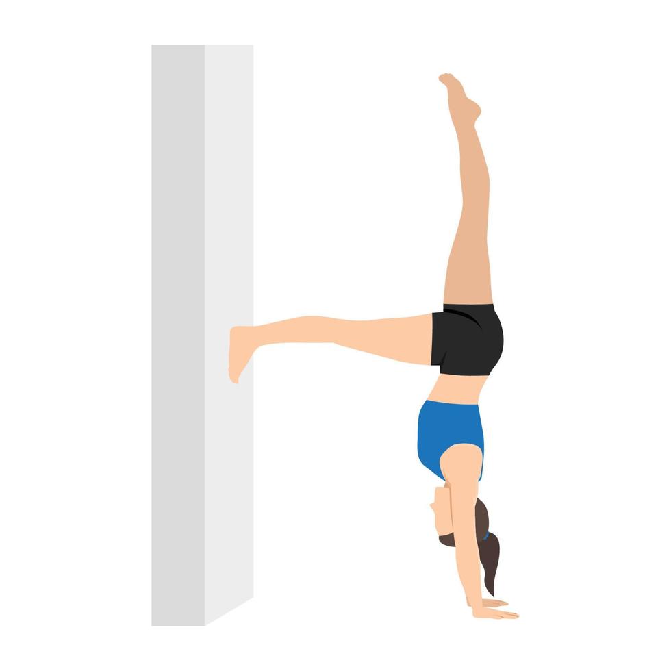 medio parada de manos a muro, lado tablón variación medio parada de manos a pared. mujer práctica kapinjalasana, vasisthasana variación mano a dedo del pie rodilla doblado. vector