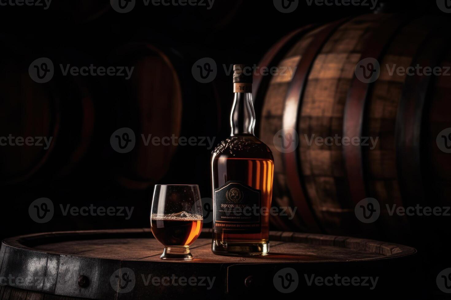 Whiskey bottle takes center stage before an aged barrel, evoking tradition. photo