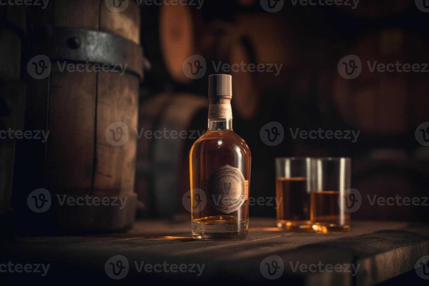 whisky botella toma centrar etapa antes de un Envejecido barril, evocando tradición. generativo ai foto