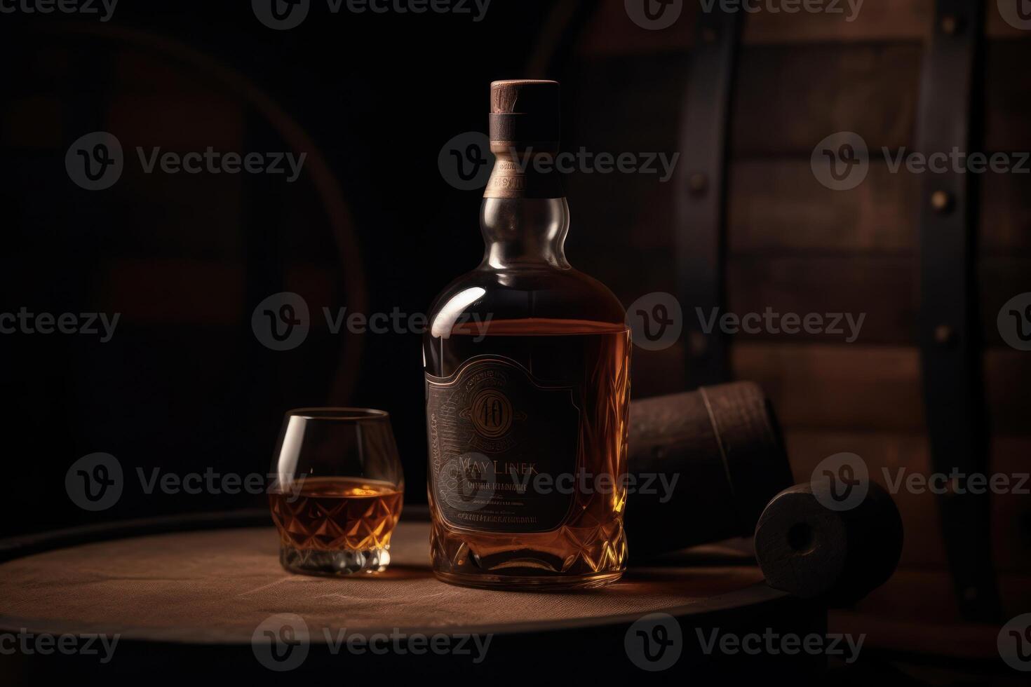 Whiskey bottle takes center stage before an aged barrel, evoking tradition. photo