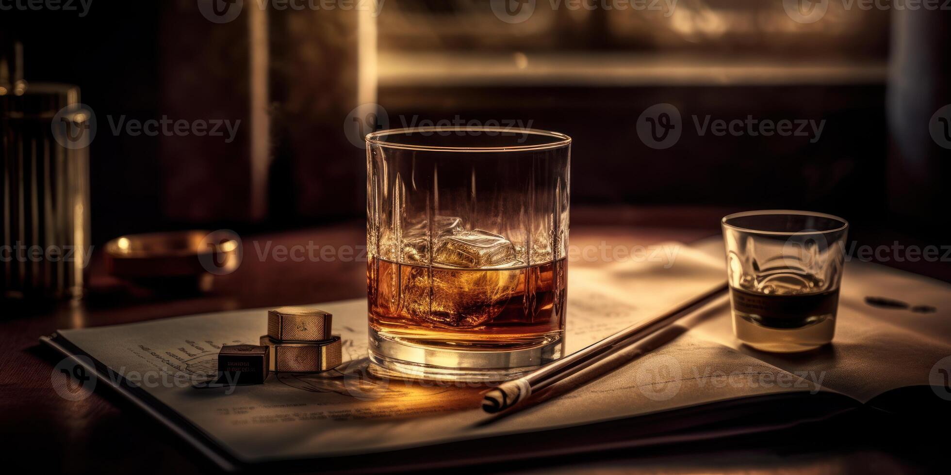 Rich whiskey in a glass, poised elegantly on a wooden table. photo