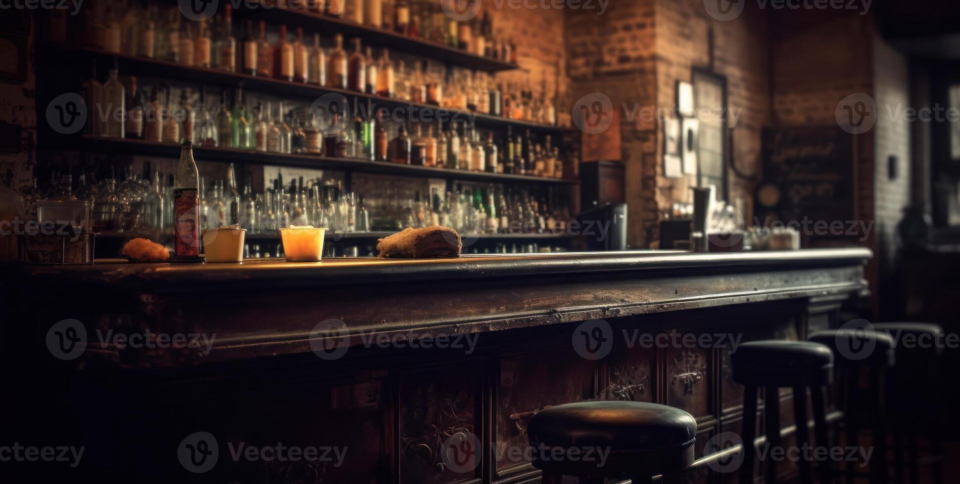 Dimly lit pub interior evokes warmth, with its bar counter and wooden chairs. photo