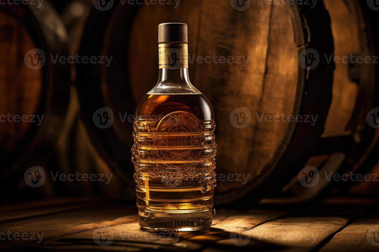 Whiskey bottle takes center stage before an aged barrel, evoking tradition. photo