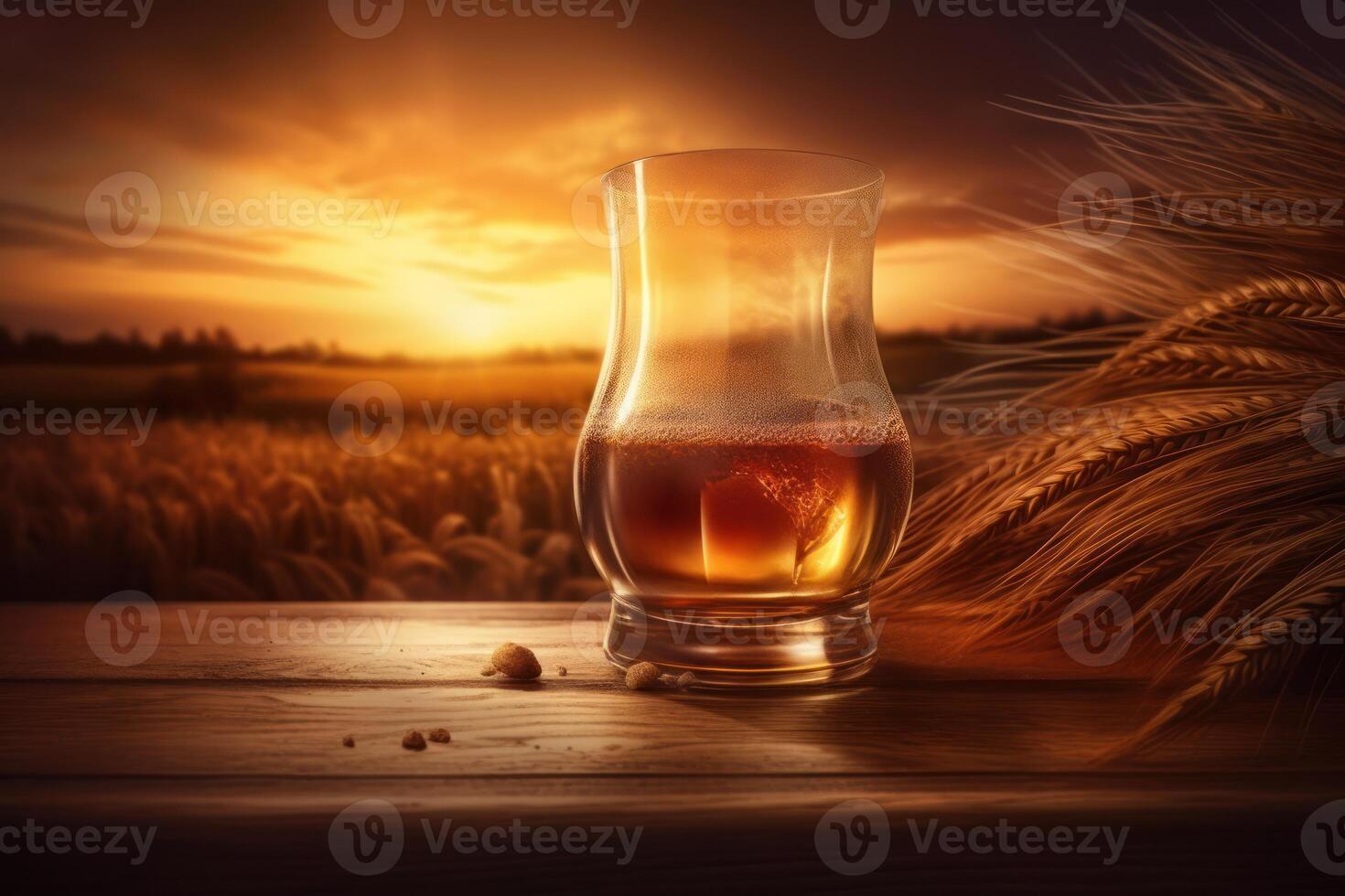 Whiskey glass gleams against a serene wheat field at sunset, nature's harmony. photo
