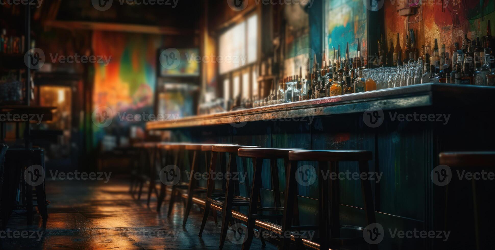 Dimly lit pub interior evokes warmth, with its bar counter and wooden chairs. photo