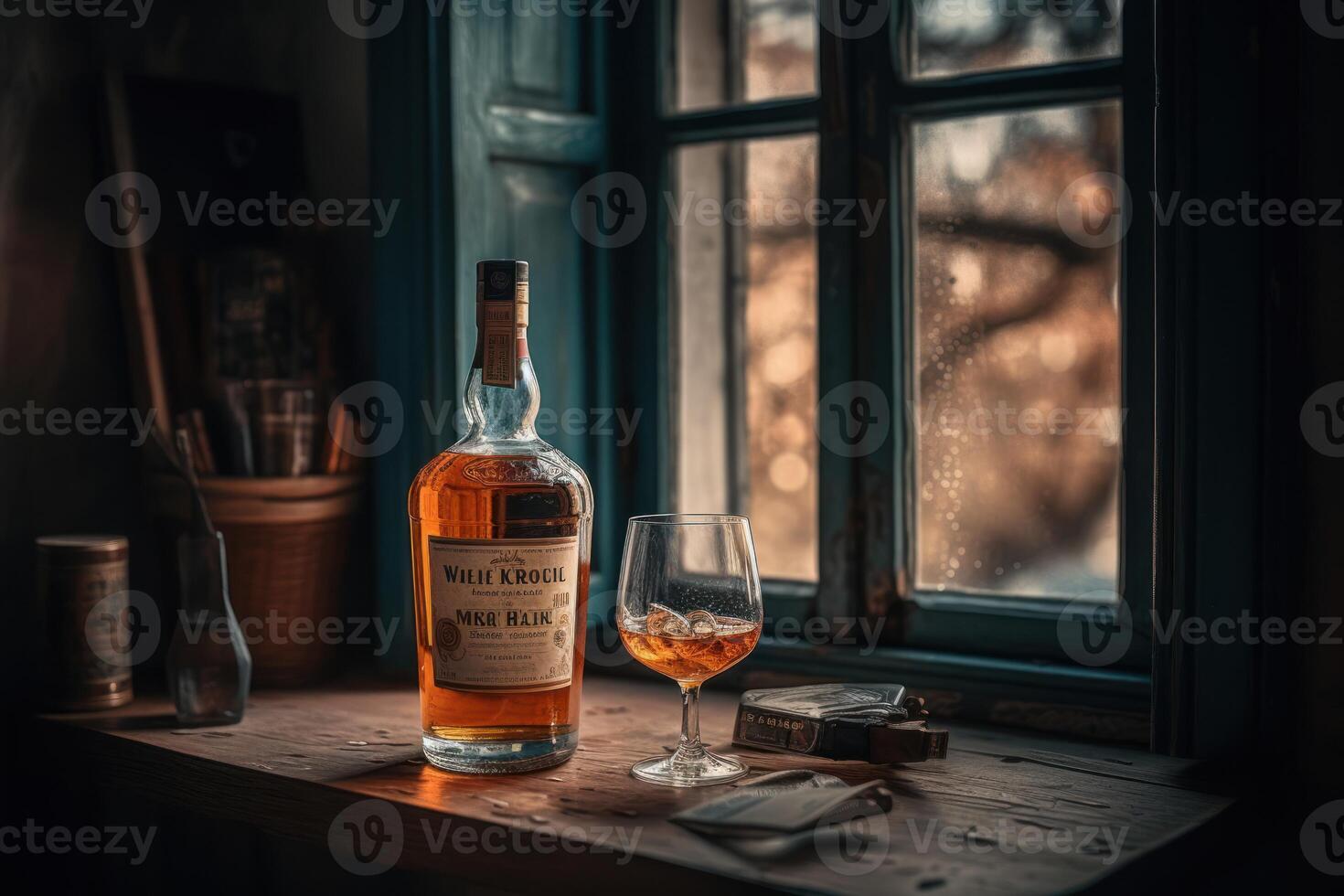 Rich whiskey in a glass, poised elegantly on a wooden table. photo