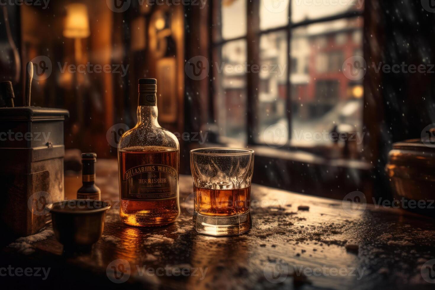 Rich whiskey in a glass, poised elegantly on a wooden table. photo