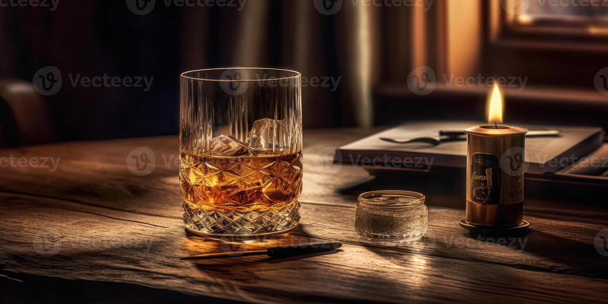 Rich whiskey in a glass, poised elegantly on a wooden table. photo